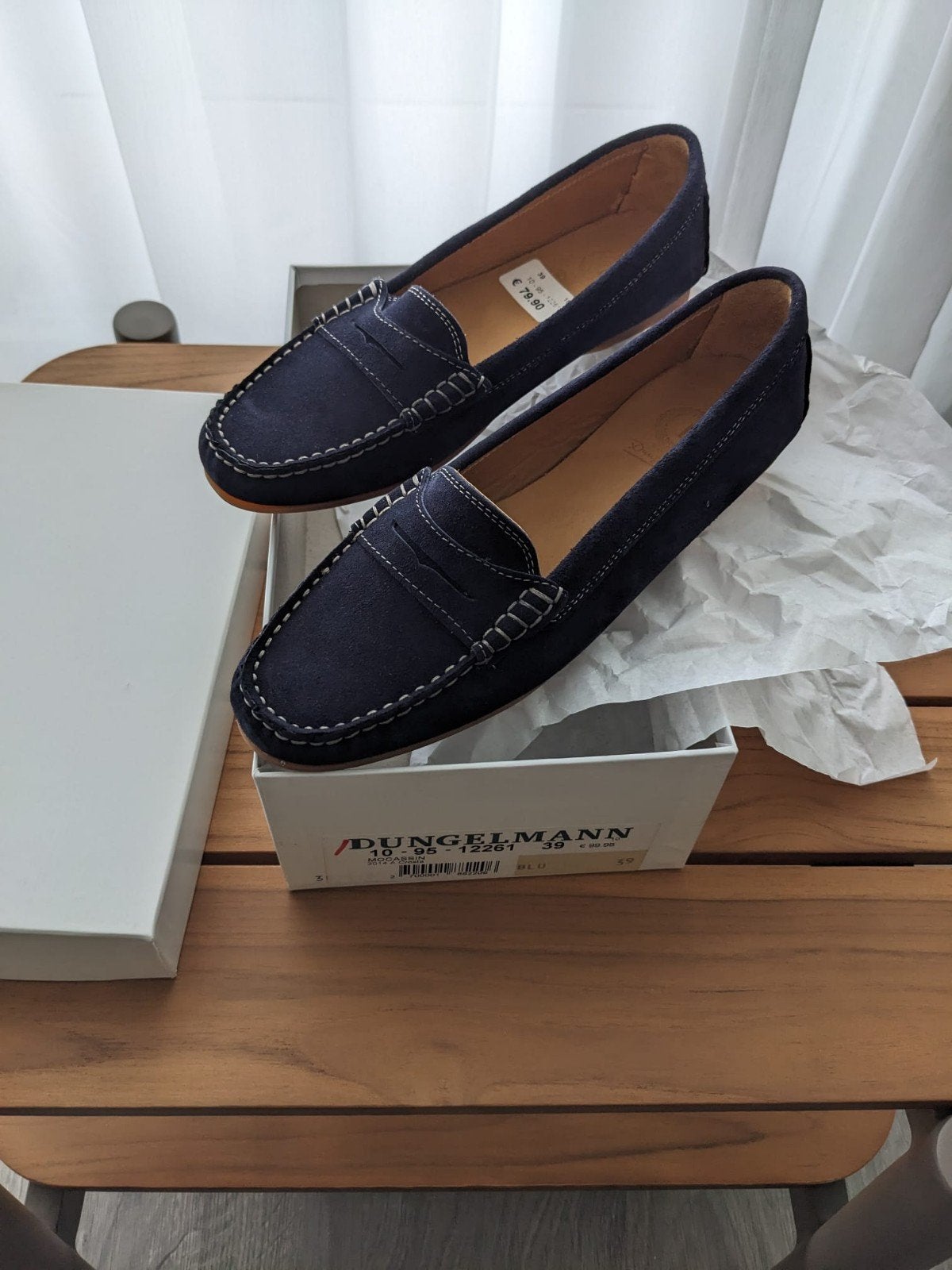 Dungelmans damesschoenen suède, blauw maat 39 Nieuw in doos., Blauw, Instappers, Nieuw, Ophalen of Verzenden