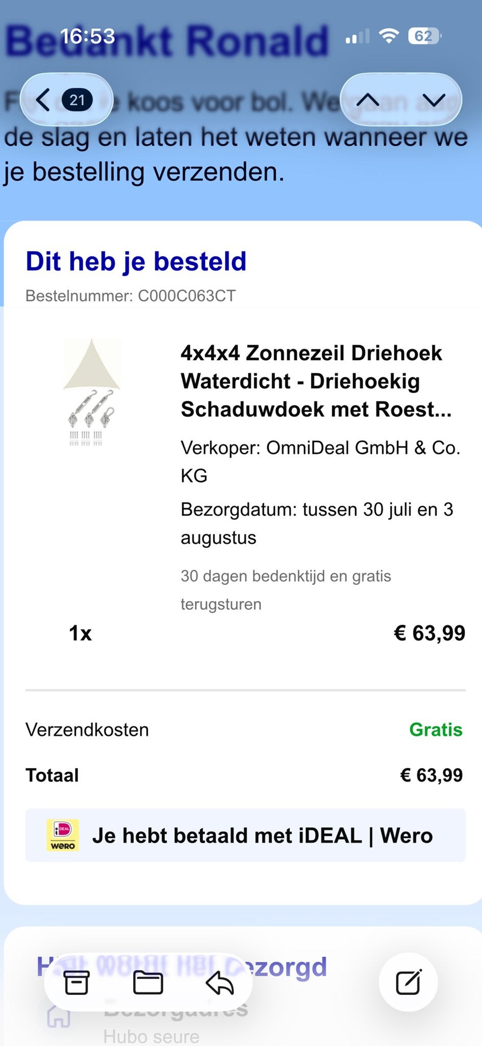 Nieuw Schaduwdoek Beige Driehoek 4x4x4m, Ophalen, Nieuw