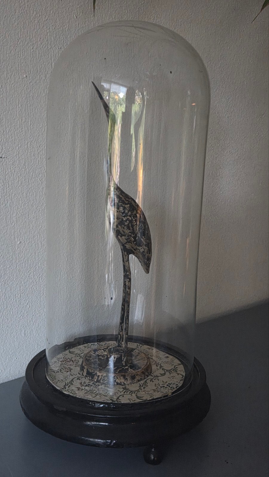 Antieke Franse glazen stolp 41 cm hg met vogel
(van metaal), Ophalen
