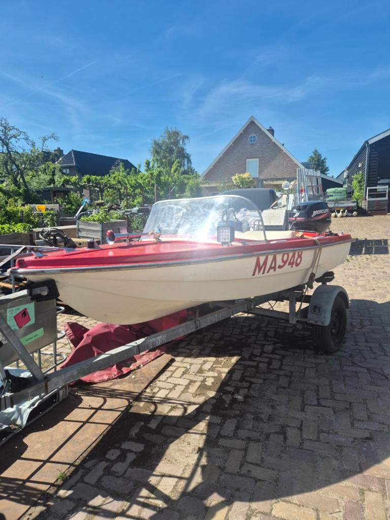 Leuke retro speedboot met 25 pk Mercury 4-takt motor, Watersport en Boten, Speedboten, Ophalen, Gebruikt, Minder dan 70 pk, Buitenboordmotor