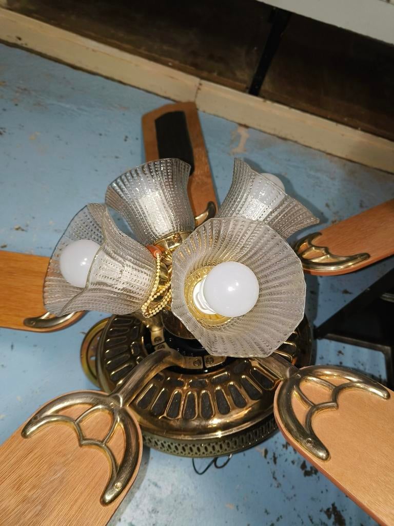 Plafondventilator + lamp (de opbrengst is voor Alpe d'huZes), Ophalen, Gebruikt, Glas, Antiek / vintage