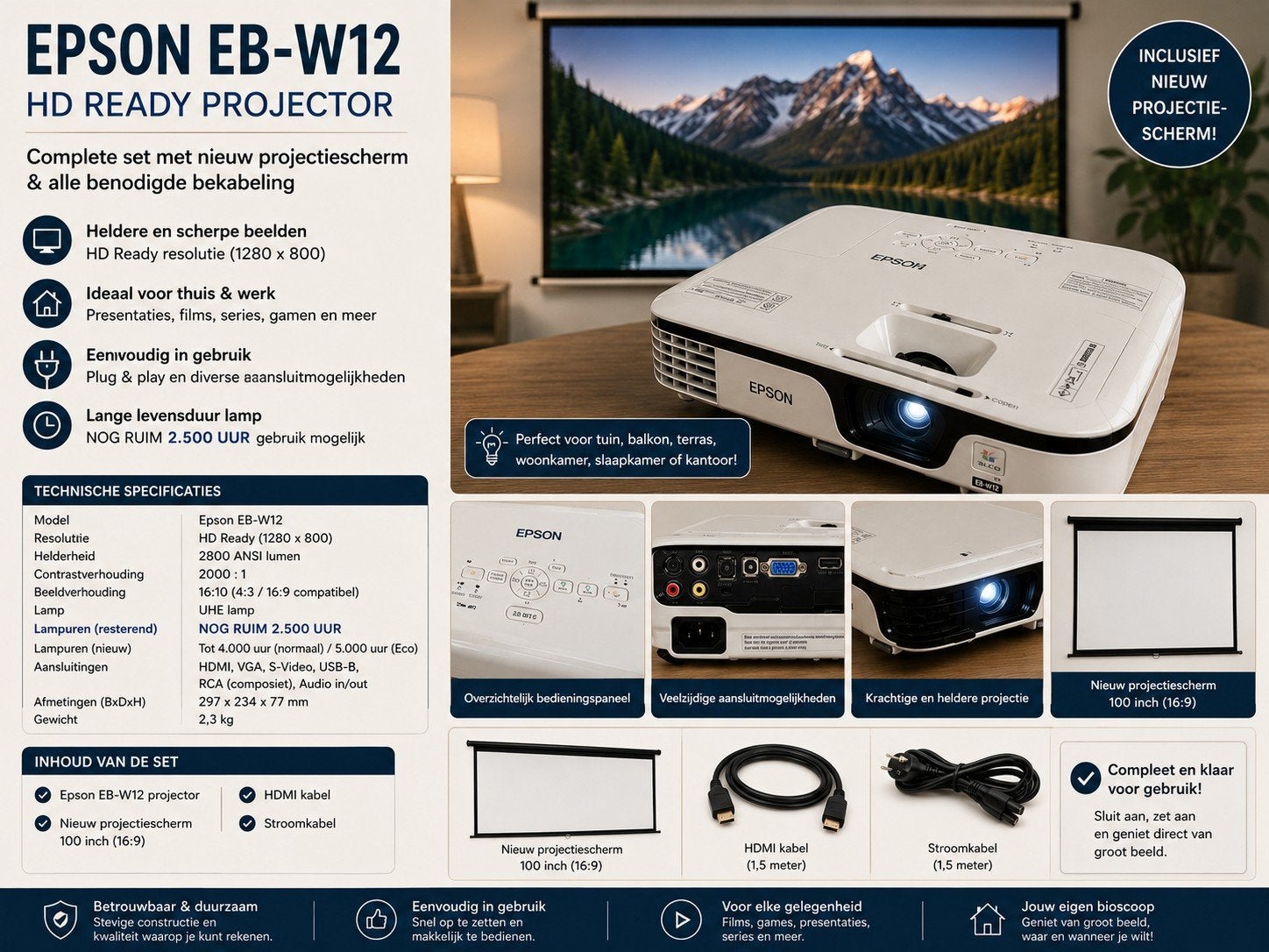 Epson EB-W12 HD Ready Projector met Projectiescherm, HD (720), Epson, Ophalen of Verzenden, Gebruikt