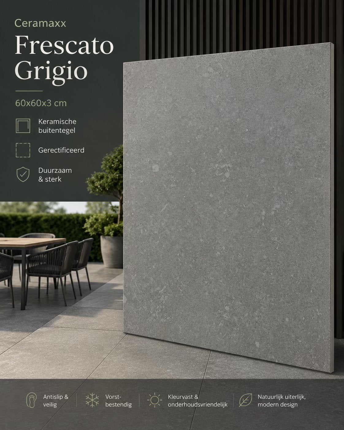 Ceramaxx Frescato Grigio 60x60x3 cm, Ophalen of Verzenden, Nieuw, Keramiek, Terrastegels