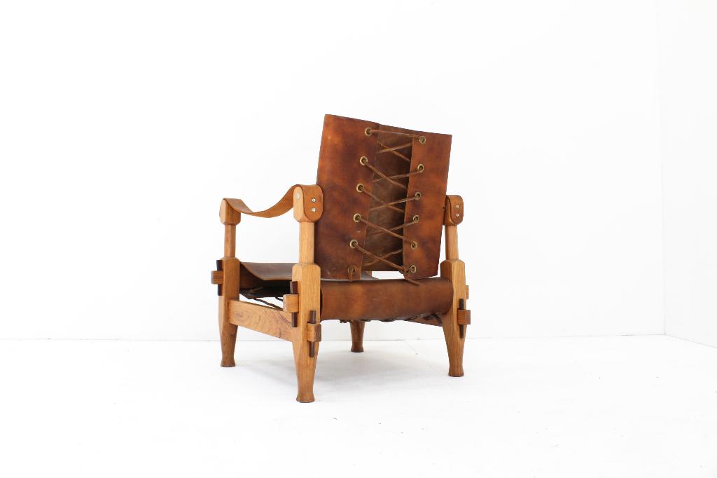 Vintage brutalist leren safari fauteuil 1960s, Ophalen, Design, 75 tot 100 cm, Zo goed als nieuw