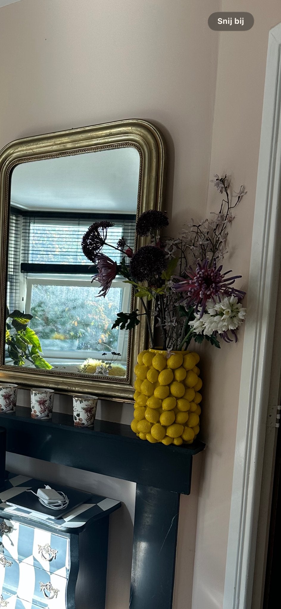 Trendy vaas met citroenen, ideaal voor droogbloemen, Overige materialen, Gebruikt, Geel, Ophalen of Verzenden