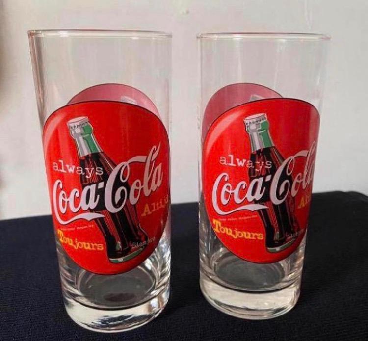 2 Coca-cola glazen met print Always Altijd Toujours H.14 cm, Verzamelen, Ophalen of Verzenden, Zo goed als nieuw, Frisdrankglas