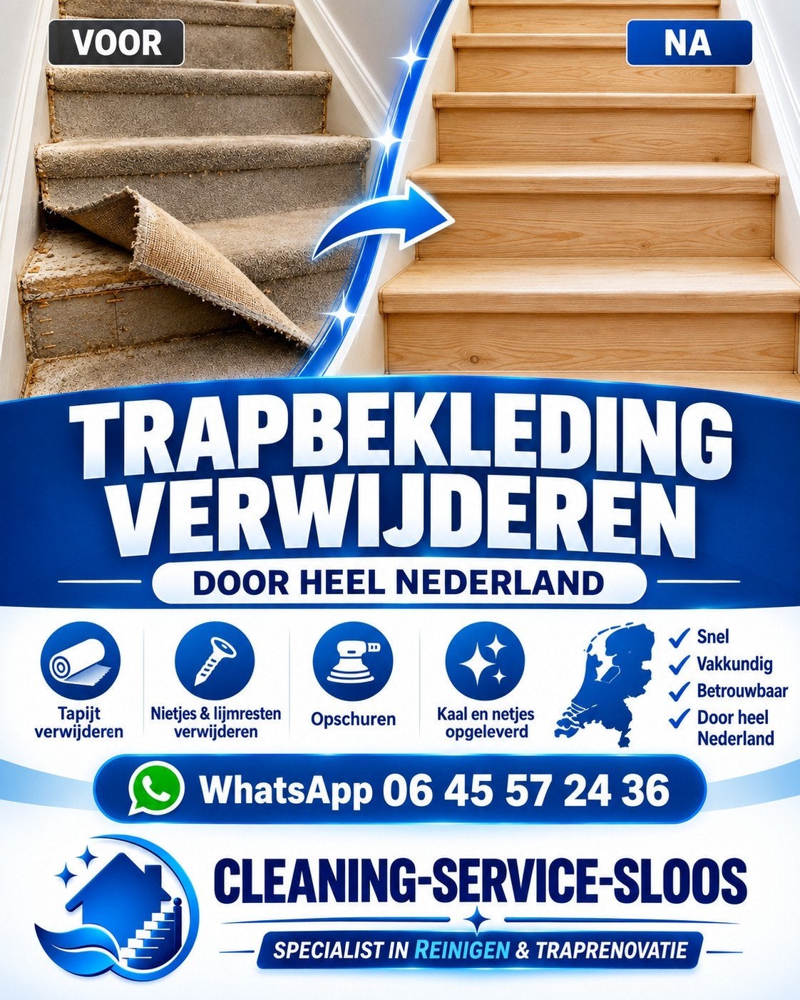 Trapbekleding verwijderen | lijmresten | heel Nederland