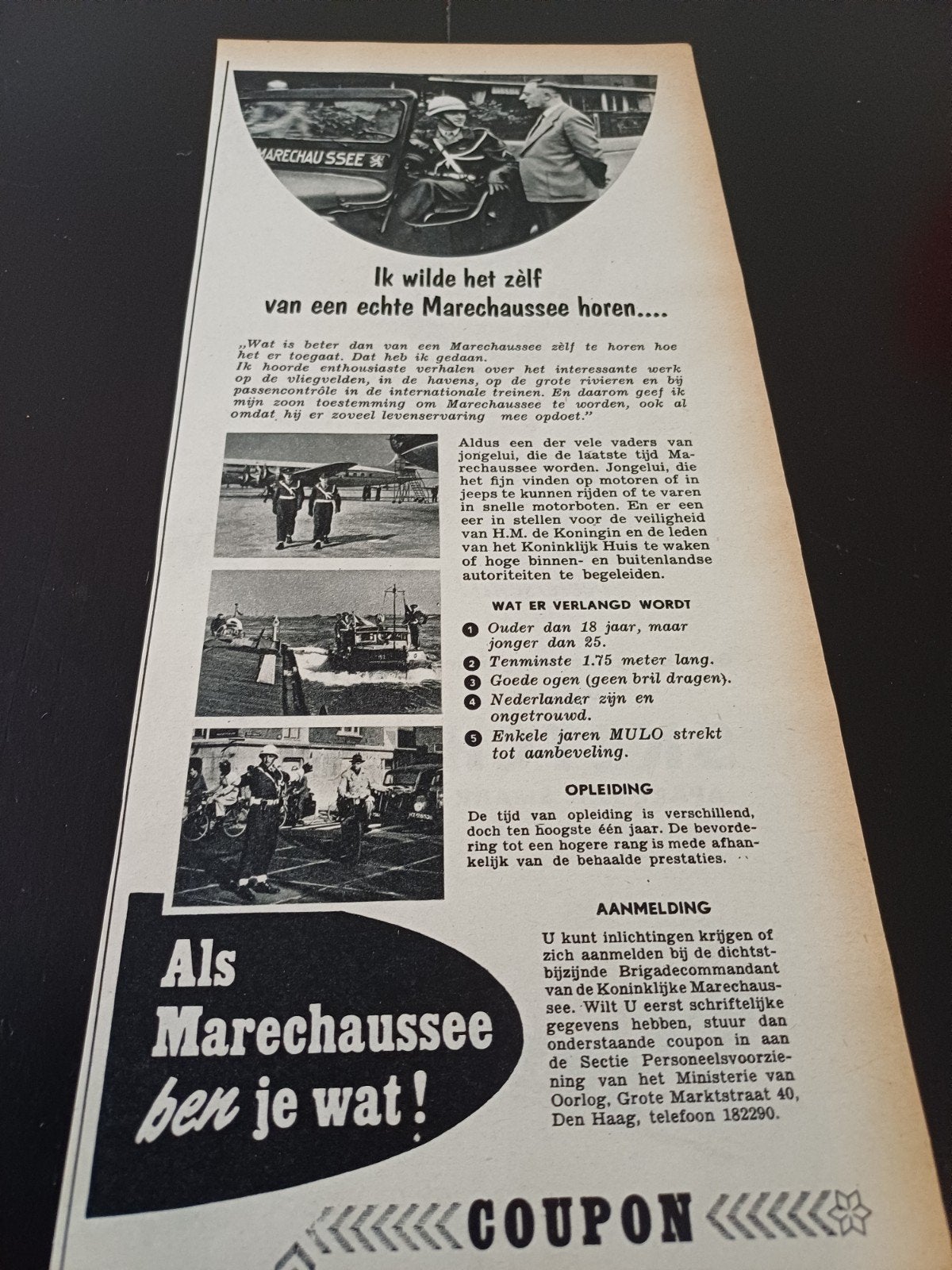 advertentie koninklijke Marechaussee zelf van een 1954, Ophalen of Verzenden, Marechaussee, Nederland, Embleem of Badge