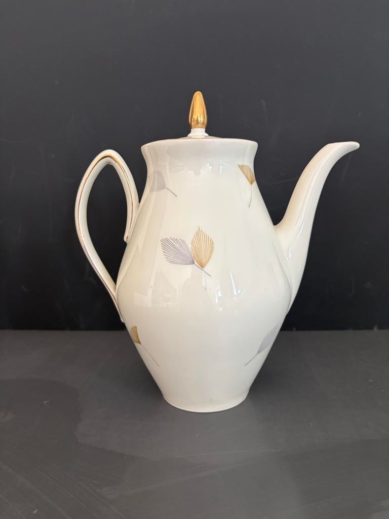 Vintage theepot met gouden en grijze bladmotieven, Antiek en Kunst, Antiek | Porselein, Ophalen of Verzenden