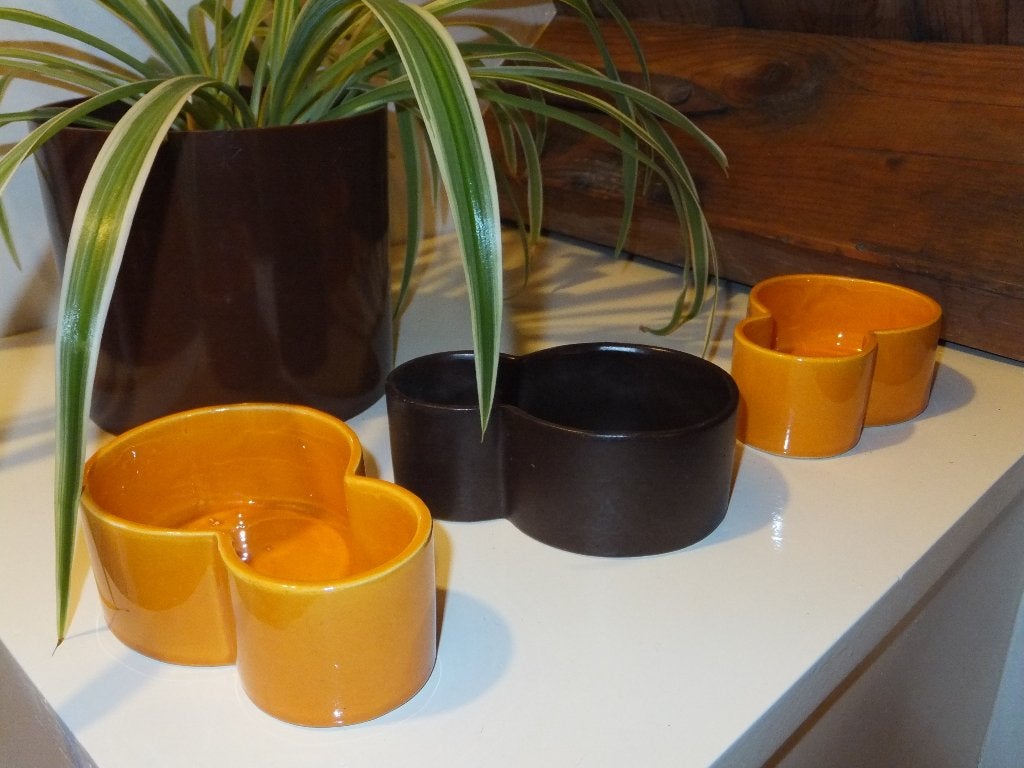dubbele bloem- cactuspotjes jaren 70 vintage bruin oranje, Ophalen, Huis en Inrichting