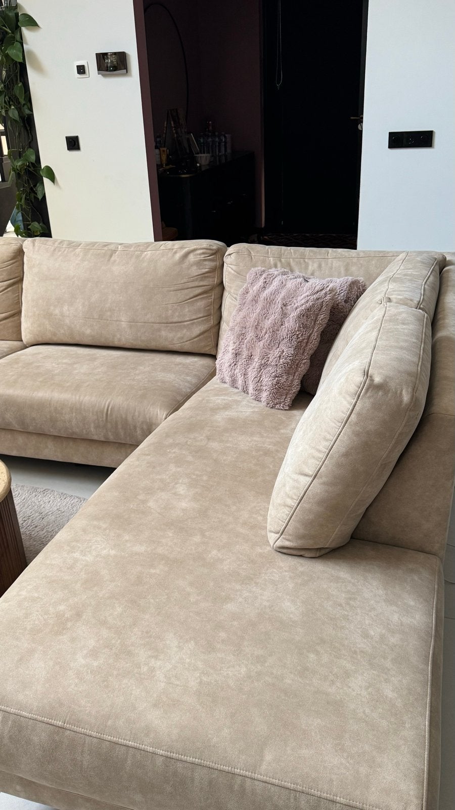 Microleder Hoekbank Beige/Crème - 290x215 cm, Huis en Inrichting, Overige materialen, 250 tot 300 cm, Hoekbank, Ophalen of Verzenden