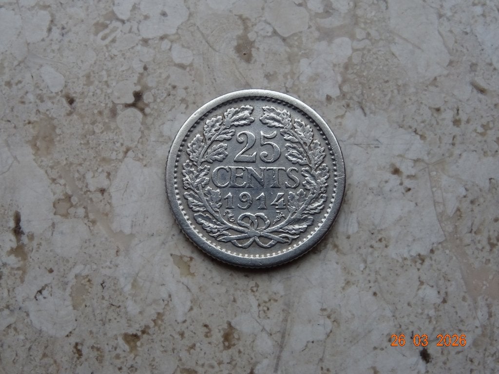 25 cent 1914, Zilver, 25 cent, Ophalen of Verzenden, Koningin Wilhelmina