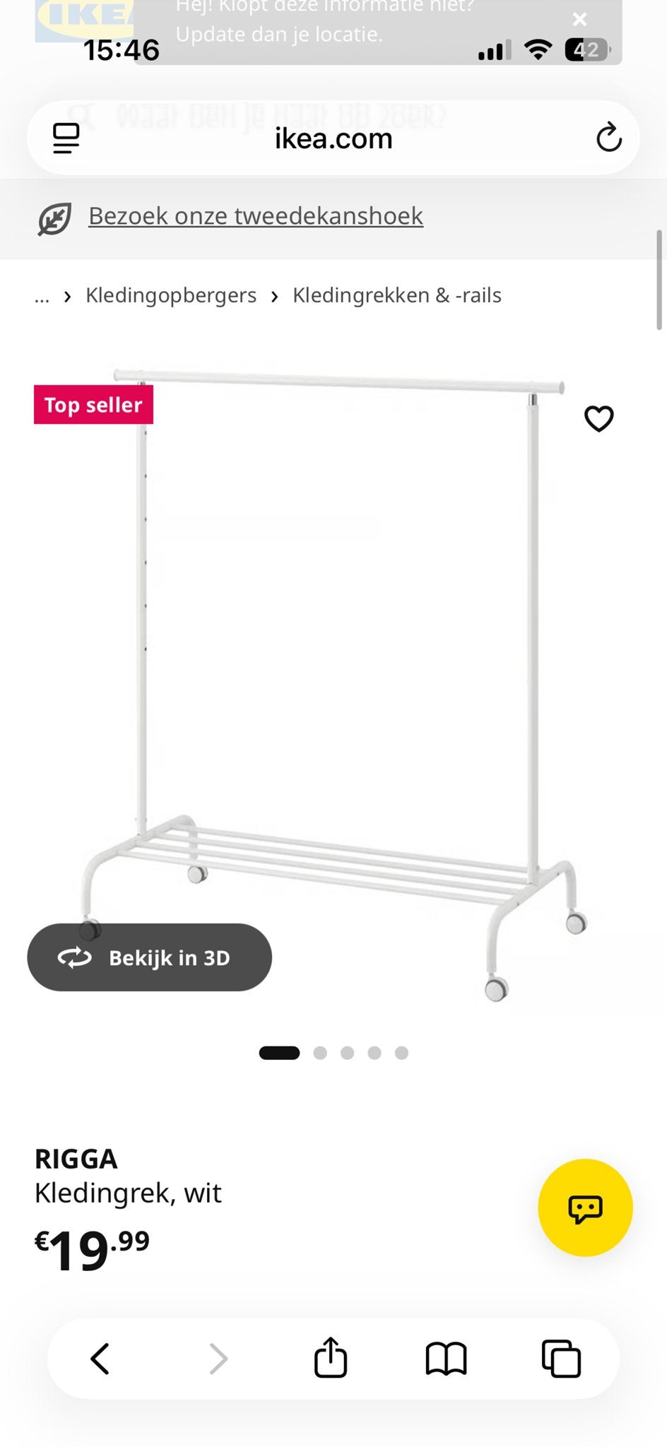 IKEA RIGGA Kledingrek, wit - Verstelbaar en mobiel, Huis en Inrichting, Ophalen, 100 tot 150 cm, Zo goed als nieuw, Metaal