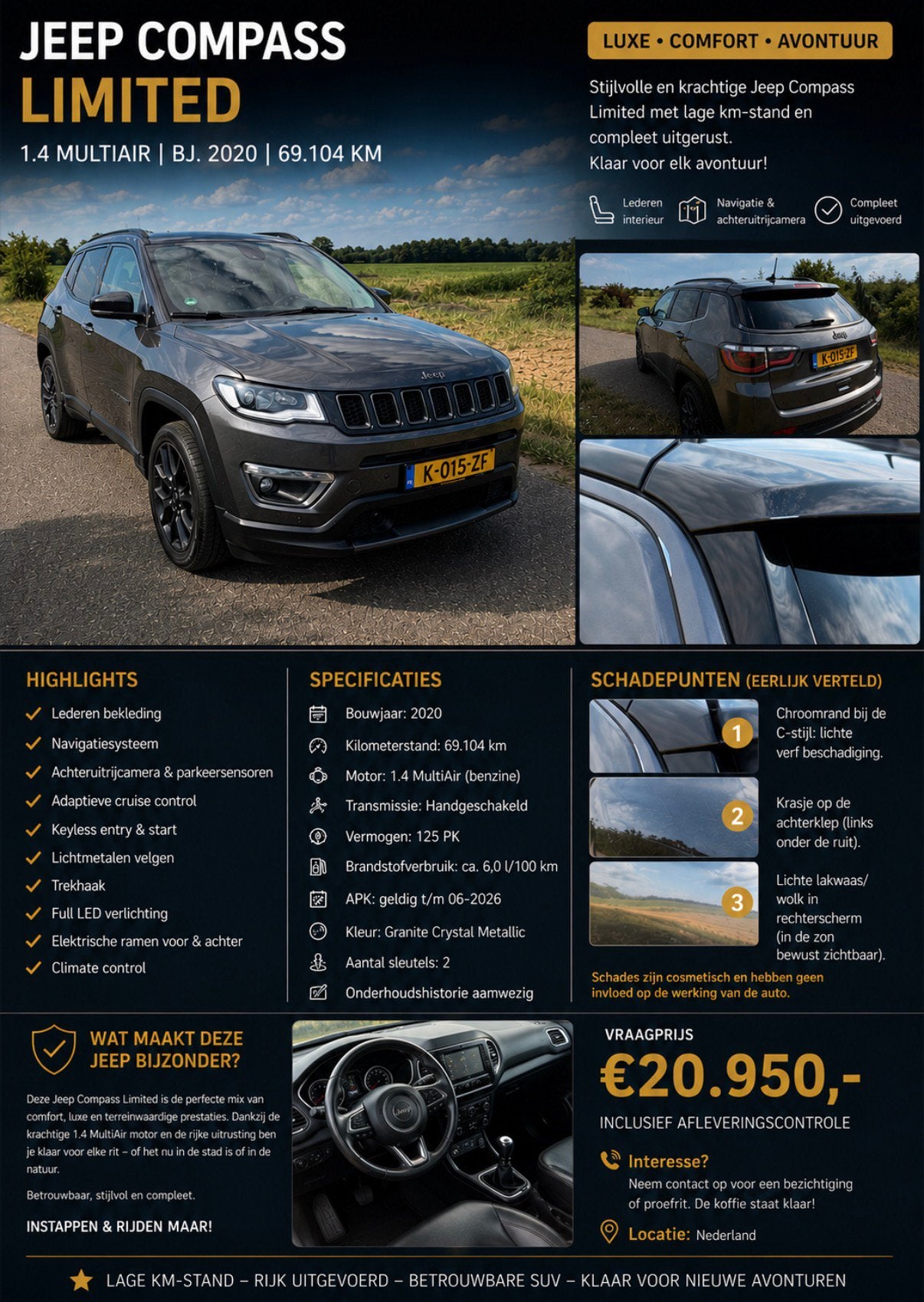 Jeep Compass 1.3 Multiair 150pk Ddct 2021 Grijs, Auto's, 1750 kg, 4 cilinders, 75 €/maand, 1405 kg