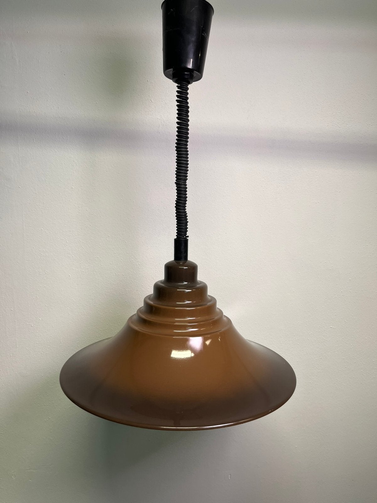 Vintage jaren 70 trekpendel hanglamp bruin, Ophalen, Gebruikt, Metaal