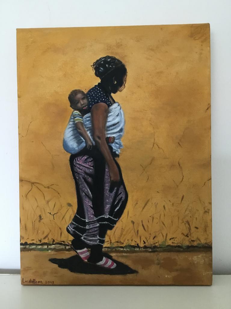 Moeder met kind in een draagzak, Antiek en Kunst, Kunst | Schilderijen | Modern, Ophalen of Verzenden