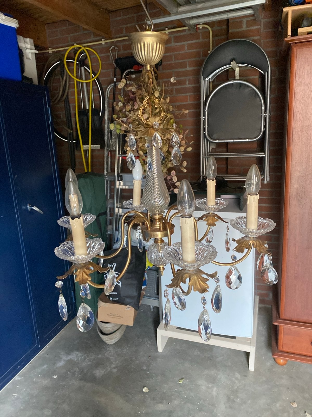 Fraaie Kroonluchter met kristallen pegels, Ophalen of Verzenden, Gebruikt, Glas, E14 (klein)