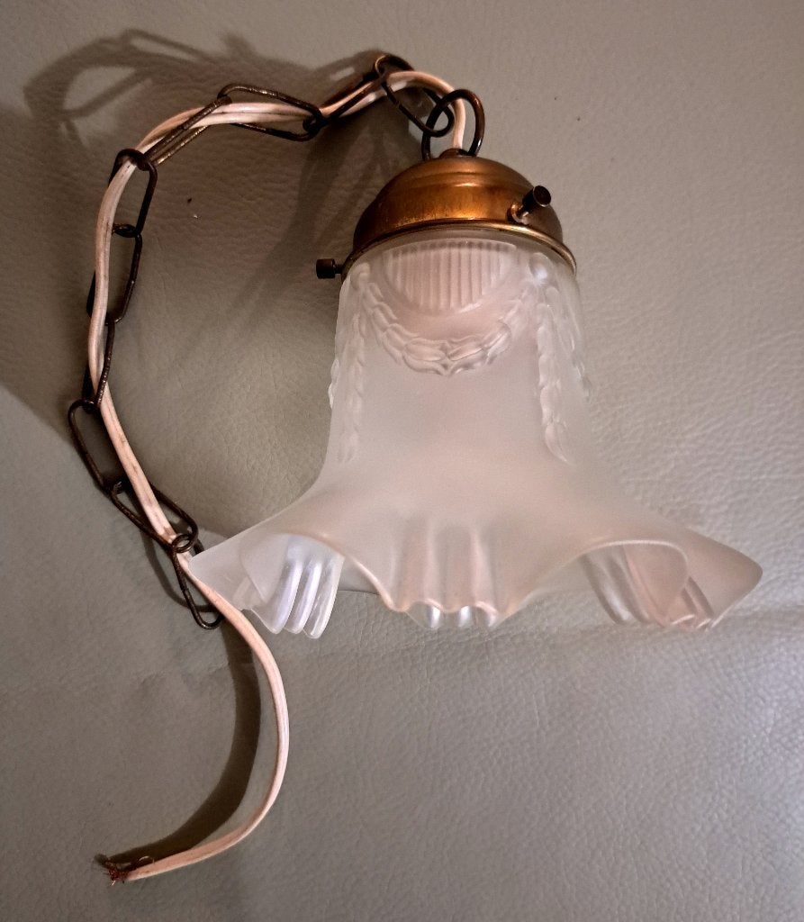 Antiek hanglampje glazen lampenkapje messing hallamp, Antiek en Kunst, Verzenden