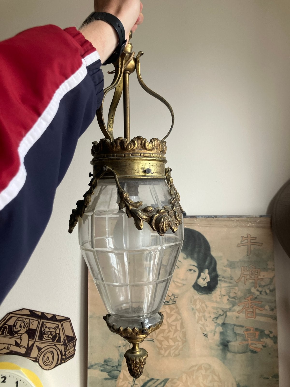 Antieke bronzen hanglamp met geslepen glas, Antiek en Kunst, Antiek | Lampen, Ophalen of Verzenden