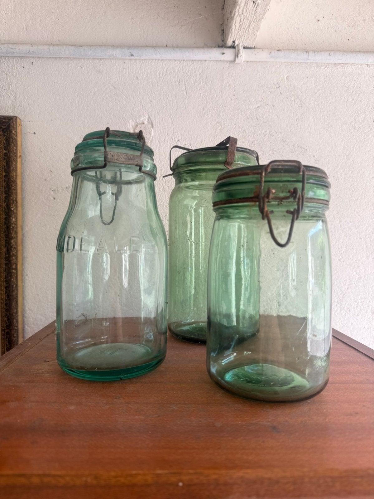 Set van 3 groen glazige Franse voorraadpotten, Ophalen of Verzenden