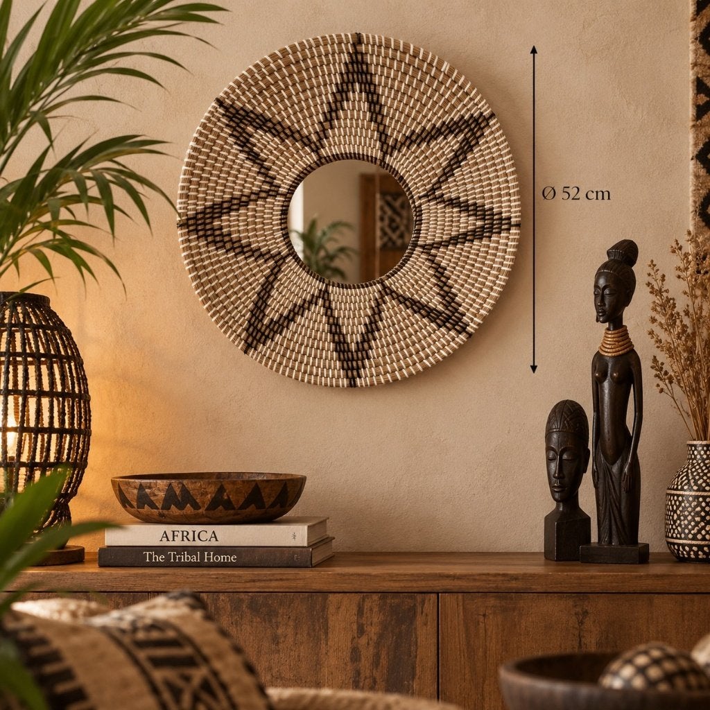 Grote ronde rotan wandspiegel – boho / Ibiza stijl, Minder dan 50 cm, Rond, Ophalen of Verzenden, Zo goed als nieuw