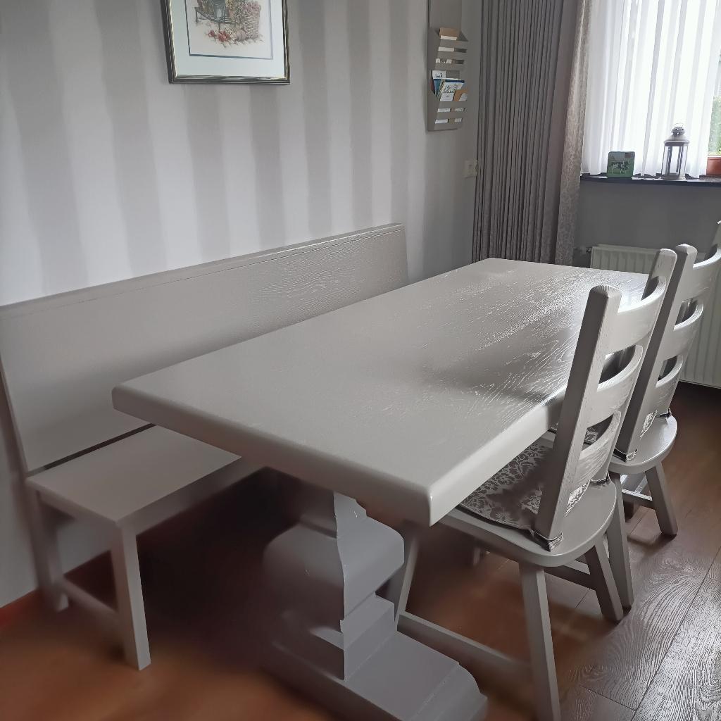 Eettafel met 2 stoelen en een bank, Huis en Inrichting, Tafels | Eettafels, Ophalen, Gebruikt, Eikenhout, 50 tot 100 cm