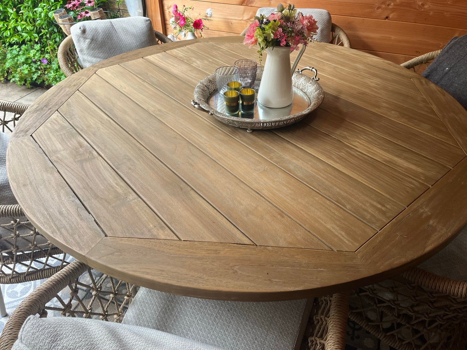 Ronde Greywash Teak houtentafel 160cm, Ophalen, Zo goed als nieuw, Rond, Hout