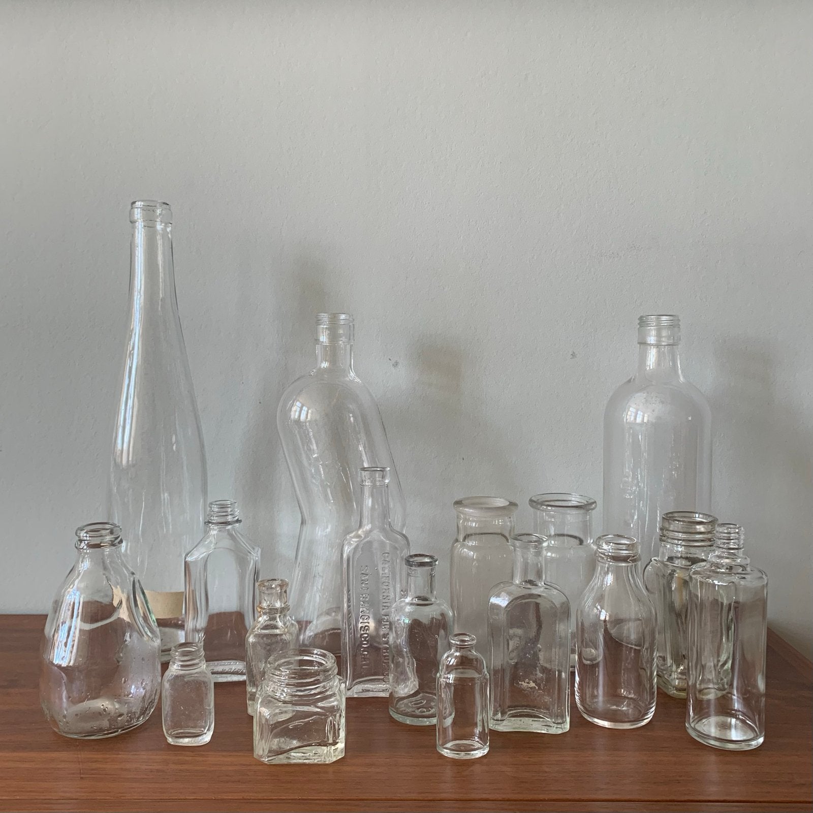 17 vintage glazen flesjes, flessen van glas, vaasjes, Ophalen of Verzenden