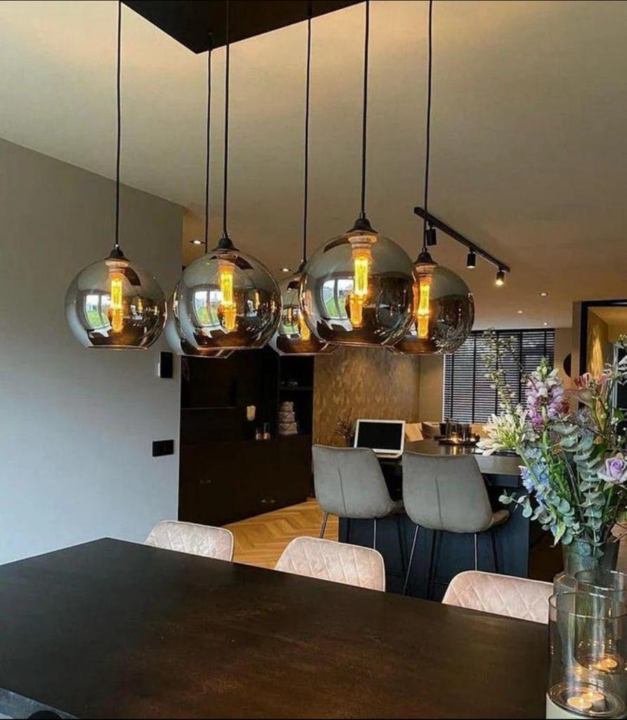 6 bollen Hanglamp -Smoke antraciet, Huis en Inrichting, Lampen | Hanglampen, Nieuw, Ophalen of Verzenden, Glas, 75 cm of meer