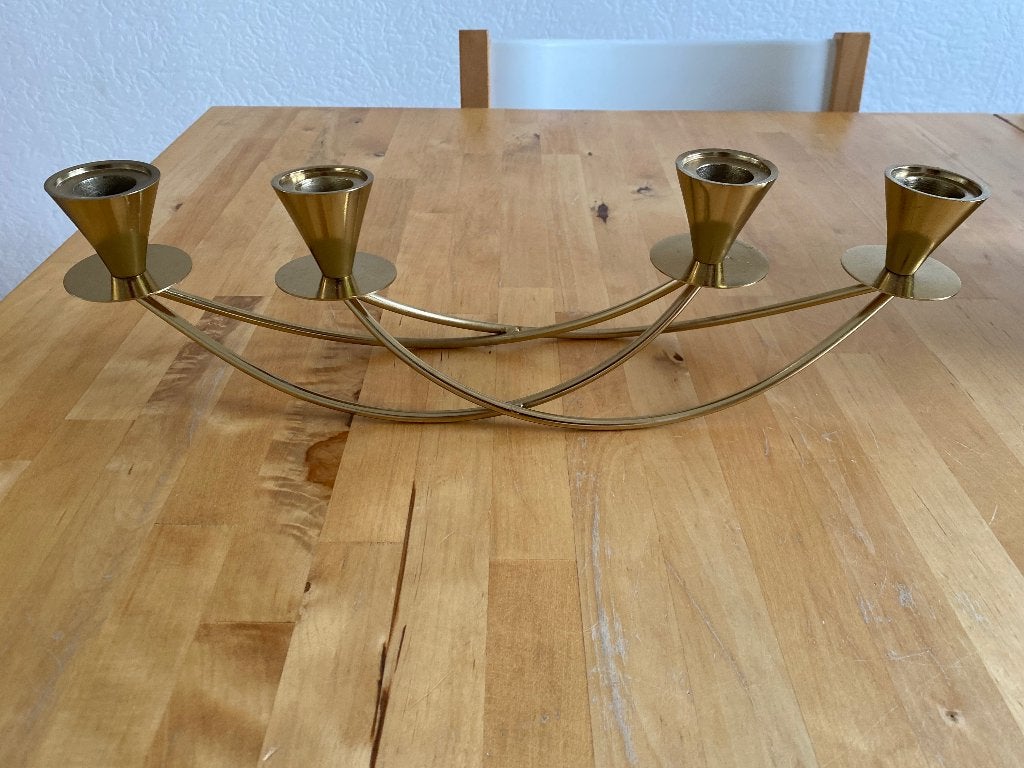 Kerst Messing Kandelaar 4 dinerkaarsen Scandinavisch Model, Ophalen of Verzenden, Zo goed als nieuw