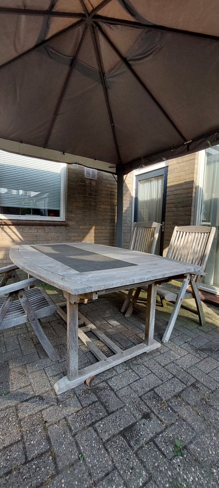 300 euro in prijs verlaagd!vergrijsd,teakhouten tuintafel,ui, Ophalen of Verzenden, Gebruikt, Rechthoekig, Teakhout