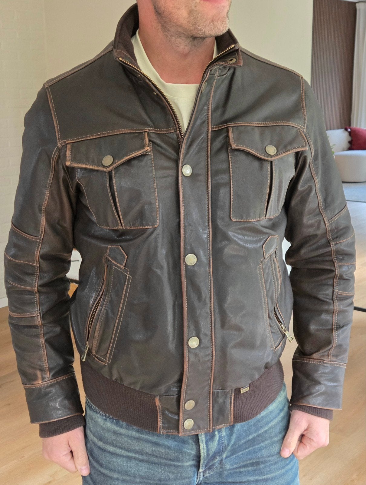 Stijlvol bruin leren jack voor heren, maat M., Kleding | Heren, Ophalen, Maat 48/50 (M), Gedragen, Onbekend