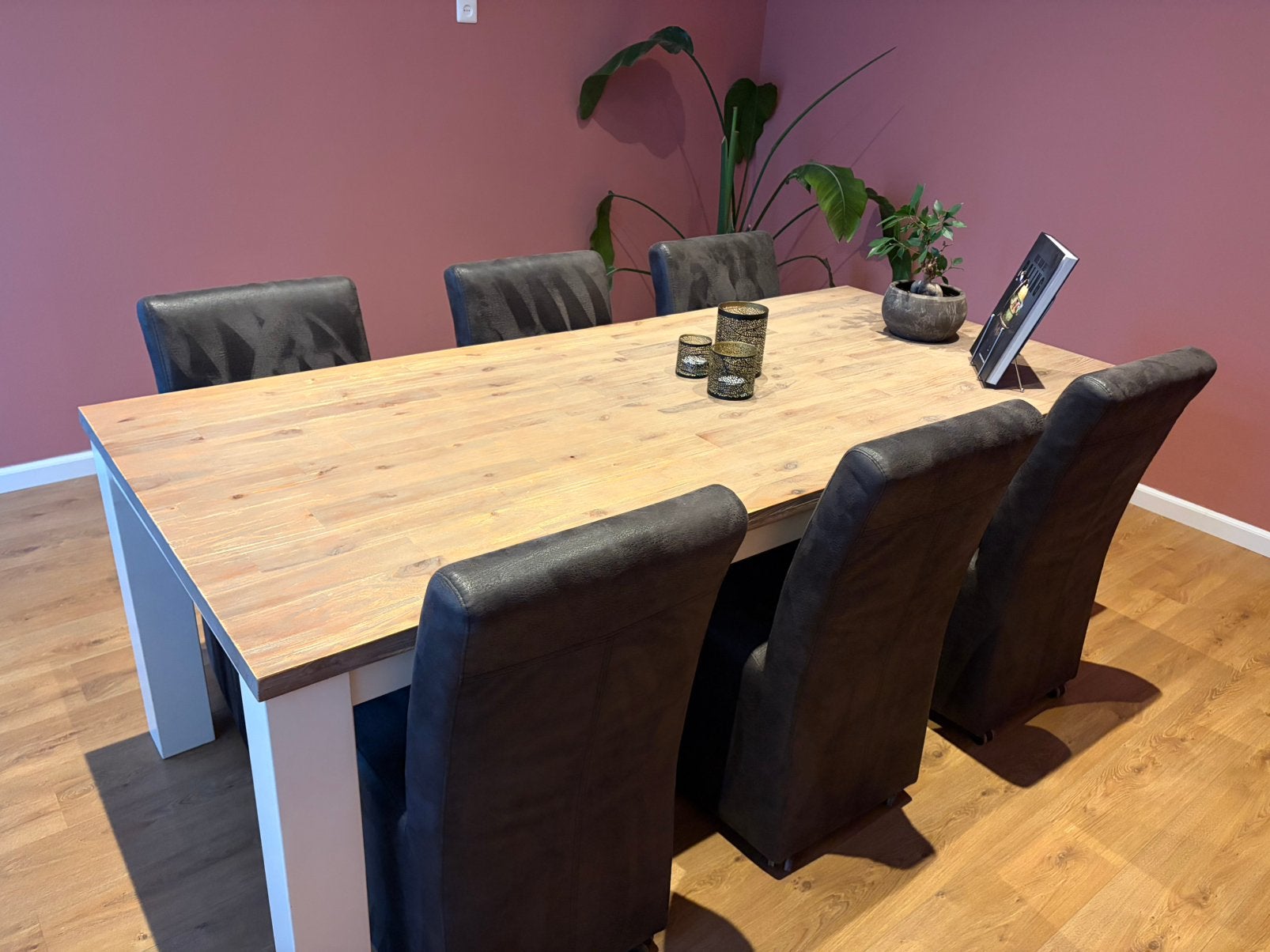 Eettafel 220 x 100 cm inclusief 6 stoelen, Ophalen, Gebruikt, 6 tot 8 stoelen
