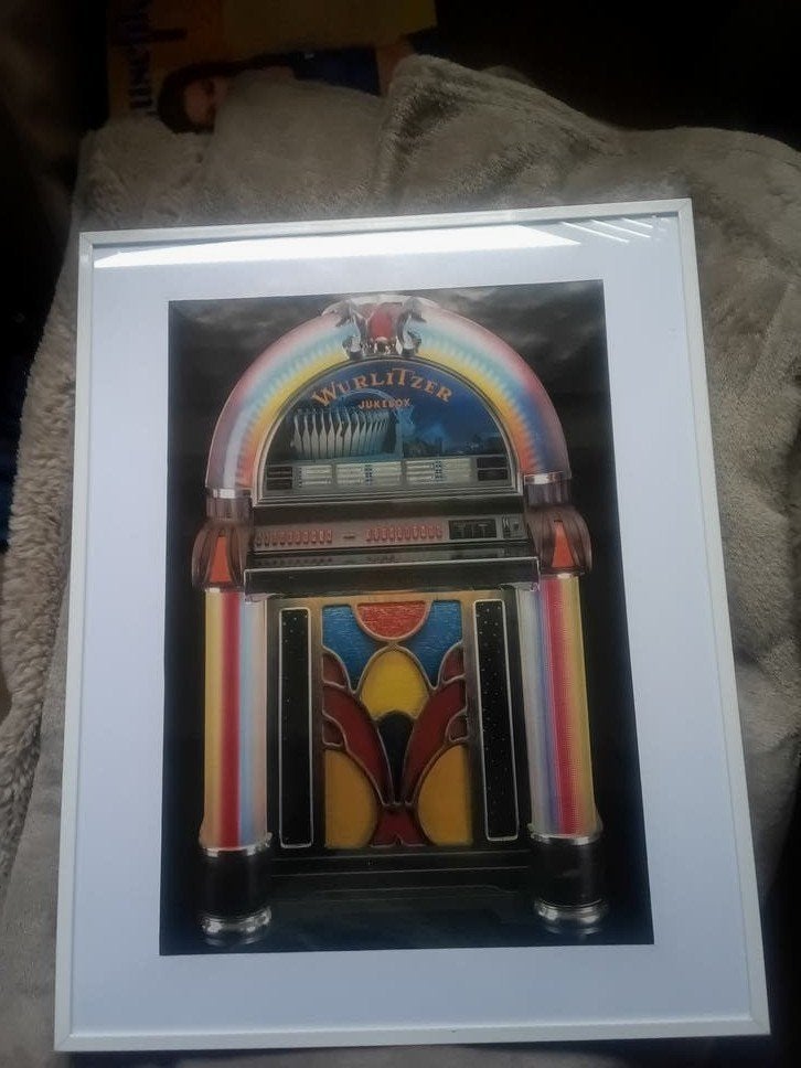 WURLITZER Mooie grote lijst met Afb.Wurlitzer jukebox 41x51, Ophalen of Verzenden, Wurlitzer