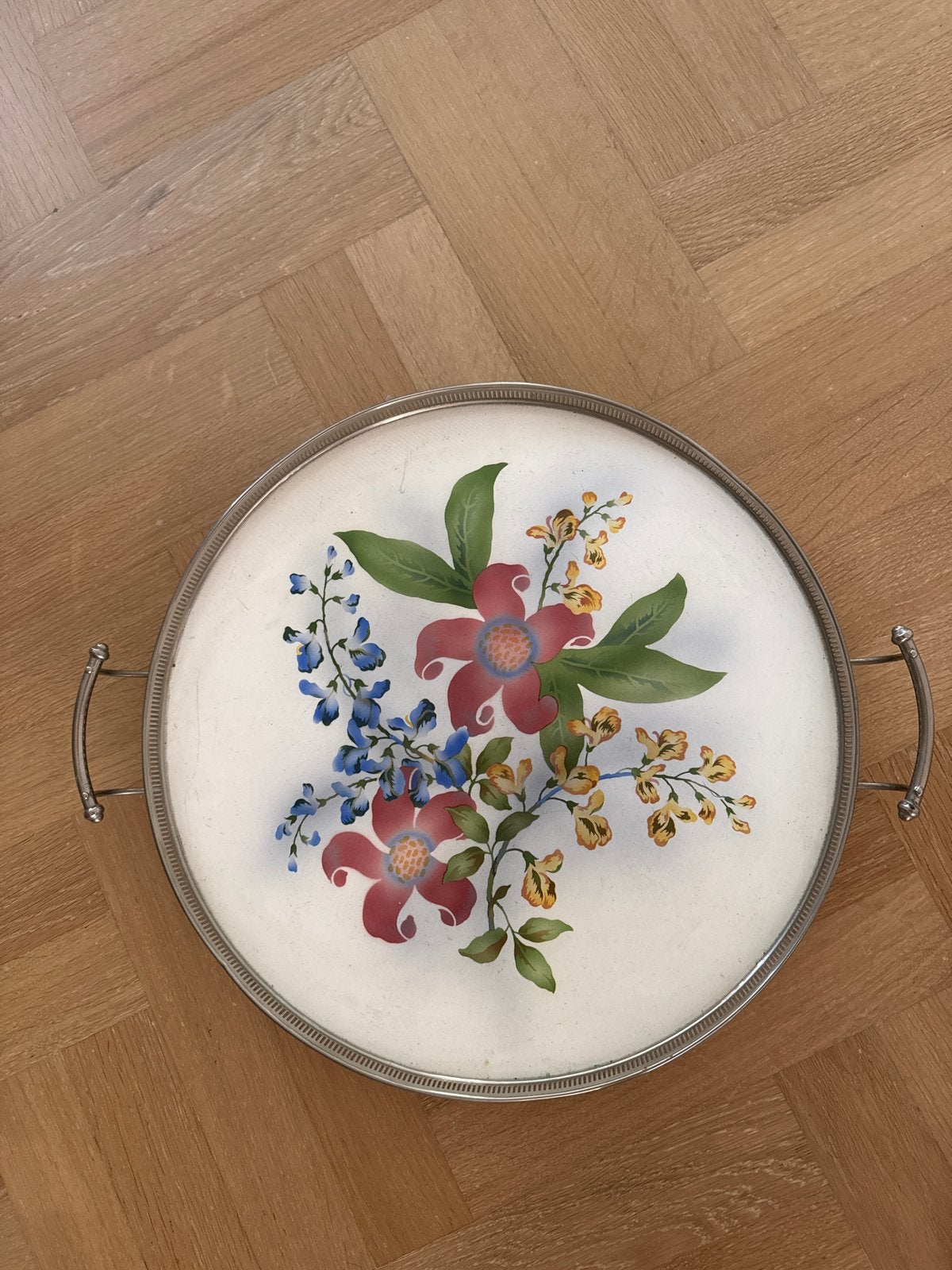 Vintage Serveerblad met verzilverd/metalen rand, Antiek en Kunst, Ophalen