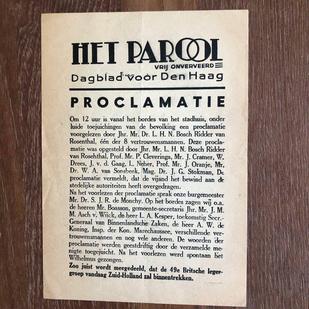 Bevrijding. Krant zonder datum: HET PAROOL, Dagblad voor Den, Verzamelen, Militaria | Tweede Wereldoorlog, Verzenden, Overige soorten