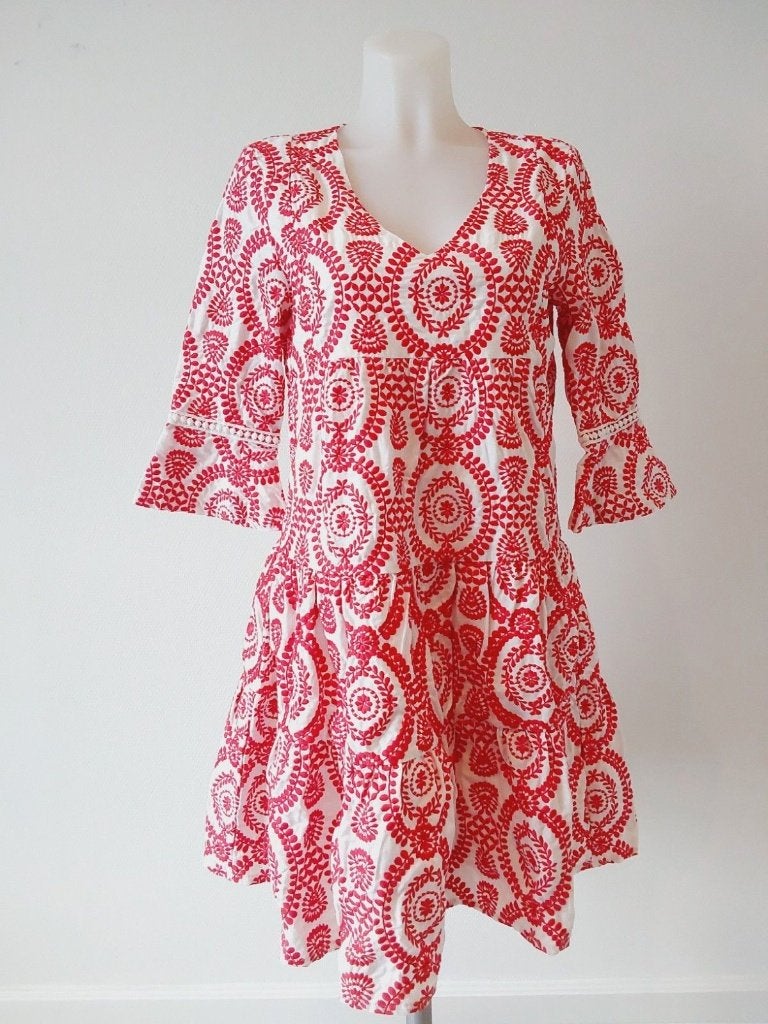 SMASHED LEMON jurk mt 36 valt als 38! rood/wit korte mouw, Ophalen of Verzenden, Zo goed als nieuw, Smashed Lemon, Maat 36 (S)