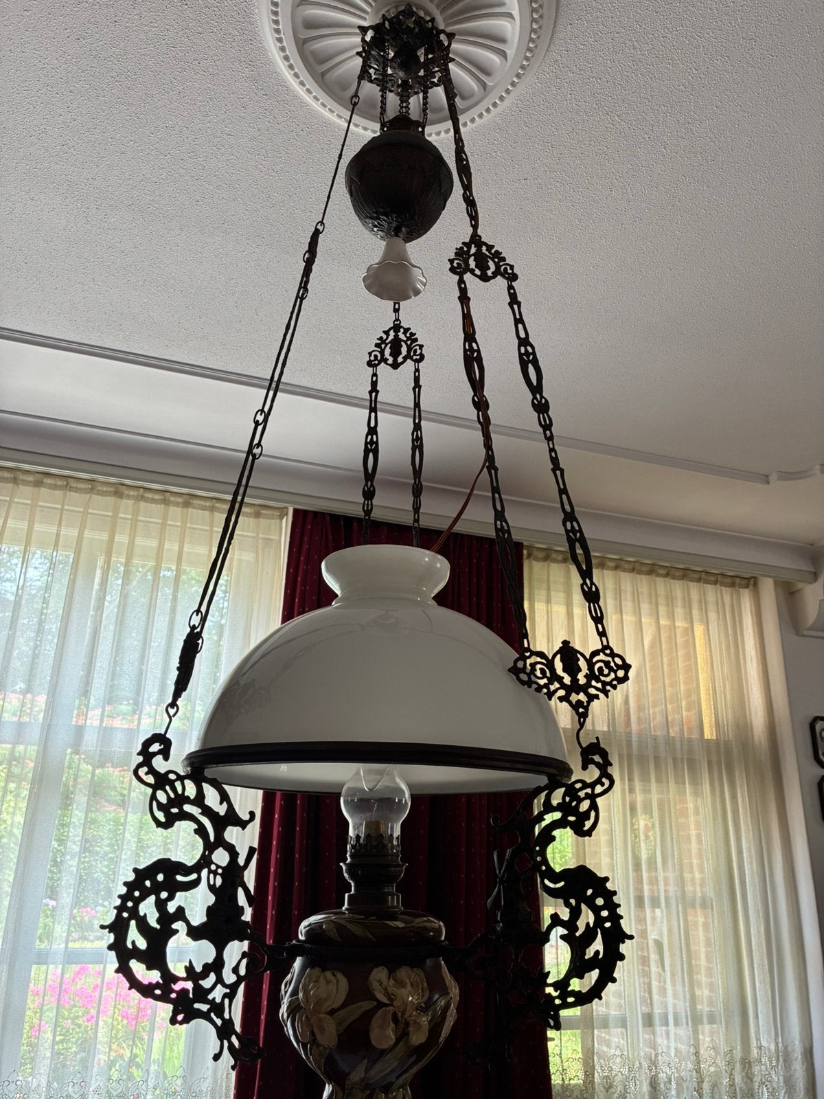 Antieke Olie lamp  , met kaarsje op stroom , prima staat, Ophalen