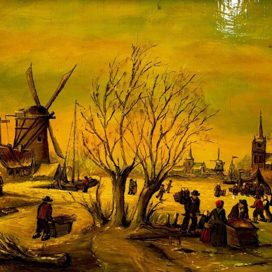 Twee schilderijen naar 17e eeuwse Hollandse voorstellingen, Paneel, Nederlandse school, Ophalen of Verzenden, Landschap