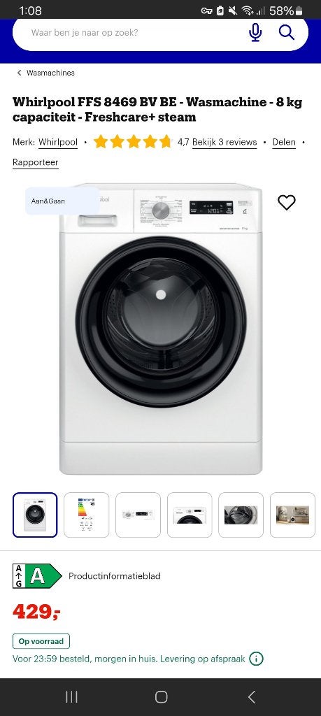 Whirlpool 8kg steam invertor wasmachine, Witgoed en Apparatuur, Wasmachines, Ophalen, Gebruikt, Minder dan 85 cm, 1200 tot 1600 toeren