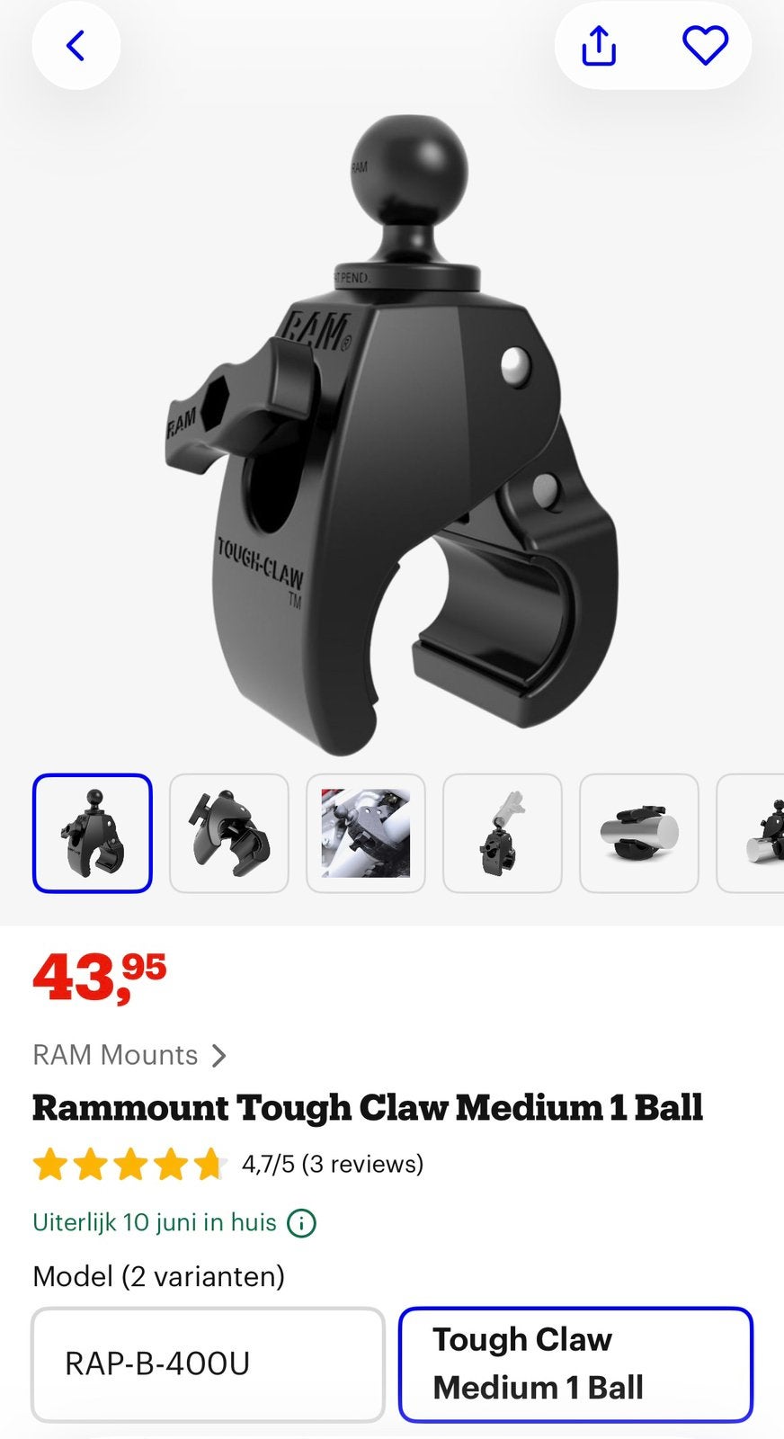RAM Mount medium tough Claw 1” ball, Ophalen of Verzenden, Nieuw