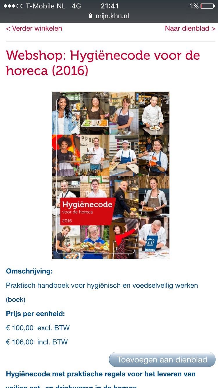 Hygienecode boek 2016 horeca, Ophalen of Verzenden, Zo goed als nieuw