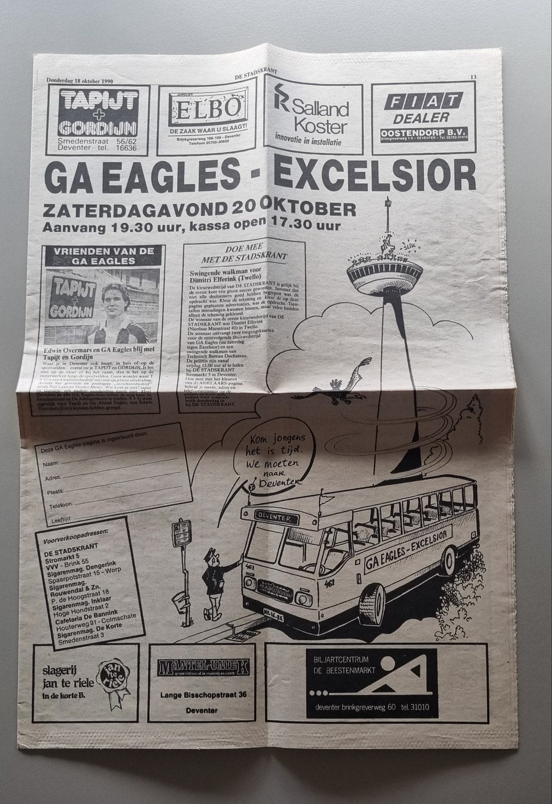 Krantenpagina GA Eagles - Excelsior (1990), Verzamelen, Ophalen of Verzenden, Zo goed als nieuw, Overige binnenlandse clubs, Overige typen