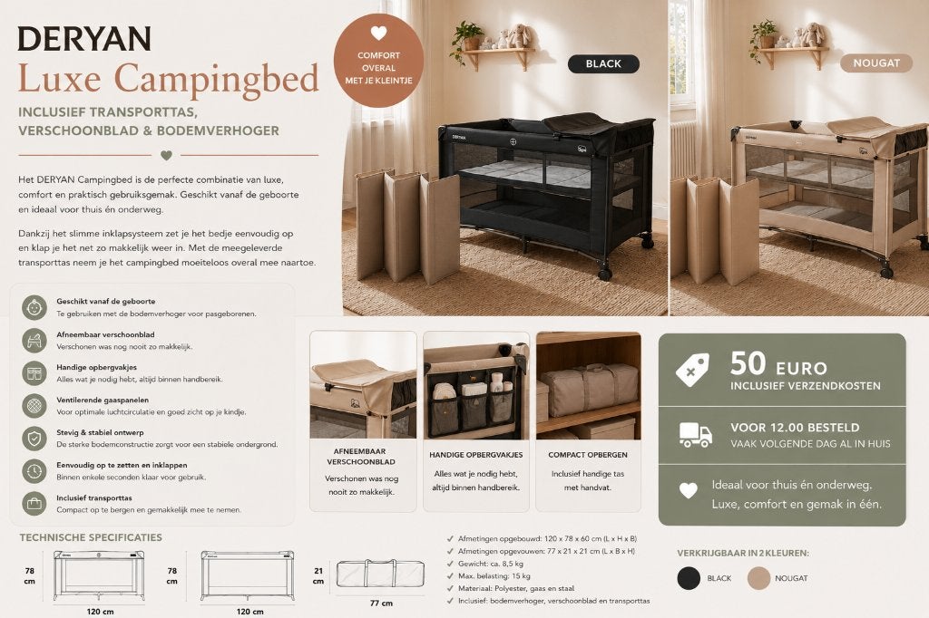 DERYAN Luxe Campingbed Compleet – €50 incl. verzending
