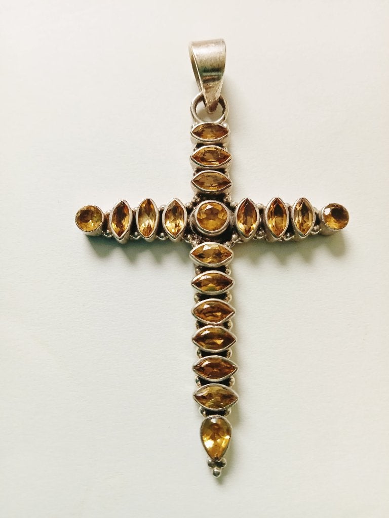 Prachtig Groot Zilveren Kruis met veel Citrienen, Verzenden, Zilver, Hanger, Met edelsteen