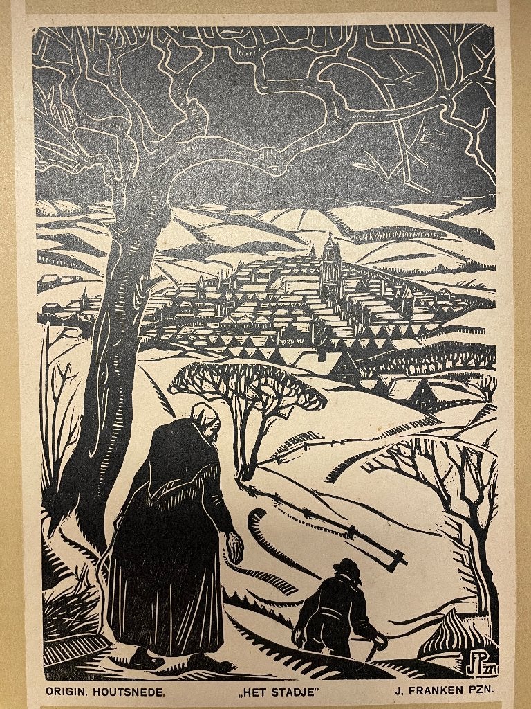 J. Francken Pzn. (1896-1977) Houtsnede 'Het stadje', Dagelijks leven, 30 cm, Ophalen of Verzenden, Houtsnede