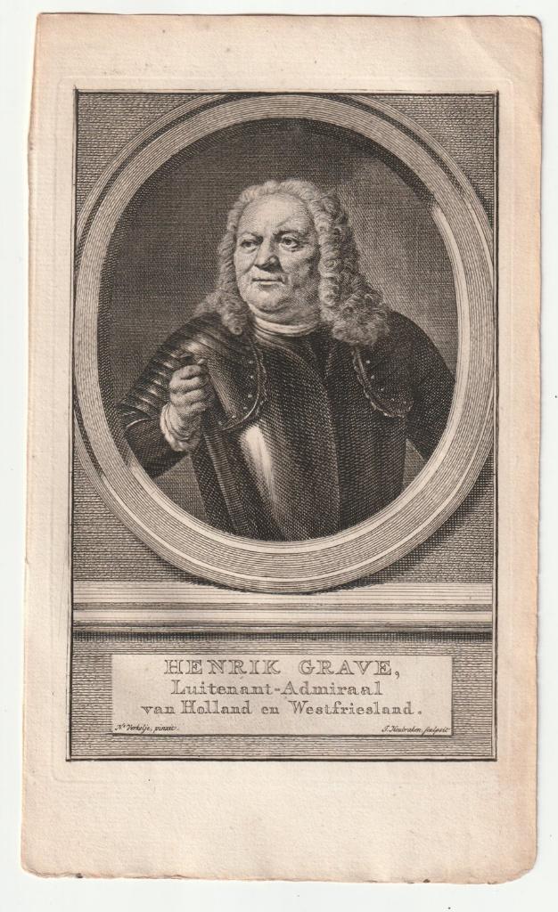 Hendrik Grave Luitenant-Admiraal van Holland Houbraken, Verzenden, Portret, Gravure, Blanco verso
