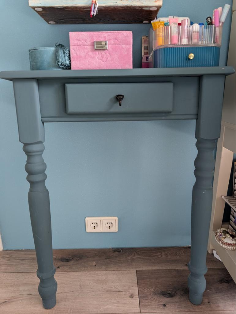 Vintage bijzettafel/sidetable met lade - Grijsblauw, Ophalen, Gebruikt, Vintage, Klassiek, 55 tot 75 cm