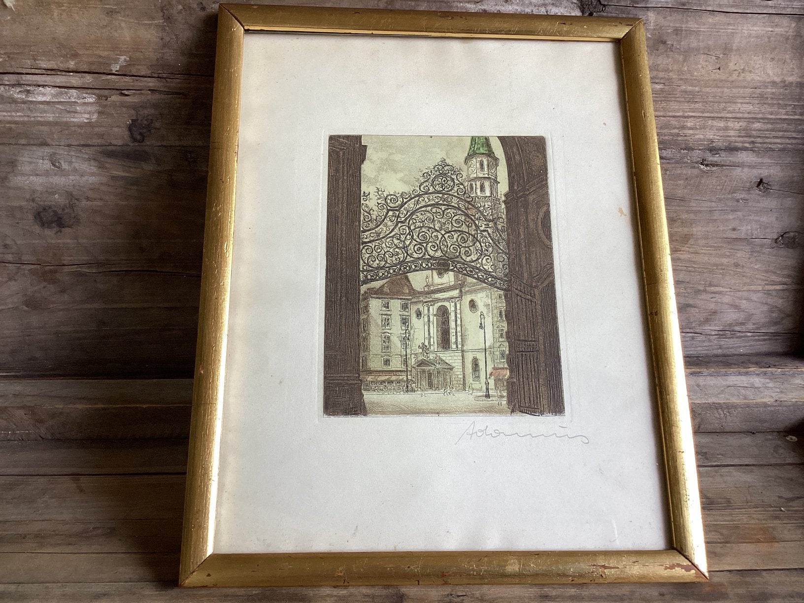 Oude ets van Palace gate in Vienna 32x25cm in lijst met glas, Antiek en Kunst, Ophalen of Verzenden