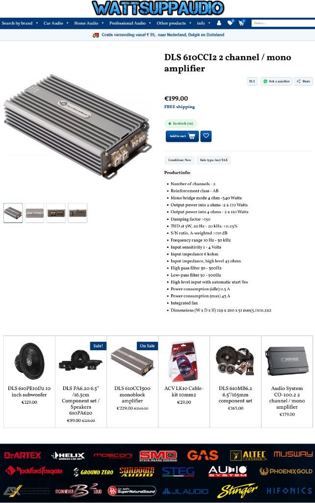 DLS 610CCI2 2 kanaals / mono versterker SQ, Auto diversen, Info@optimount.nl, Nieuw, Ophalen of Verzenden, Anholtseweg 48A 7091 HB DINXPERLO